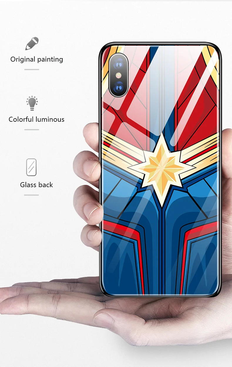 Coque капитан Марвел Бэтмен Железный человек световой Стекло чехол для телефона для iPhone 11 Pro XSmax XR XS X 8 7 6s 6 Plus черный пантера крышка