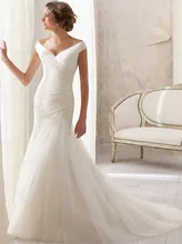 Free Shipping Fairytale Wholesale Price Bridal Gown Trumpet V Neck Pleat Sweep Train Simple Design Wedding