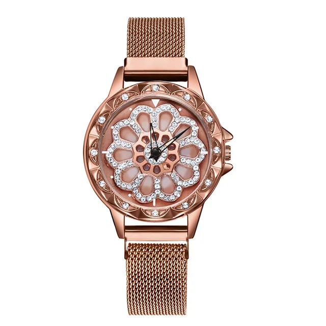 Женские кварцевые наручные часы с кристаллами, модные женские вращающиеся магнитные счастливые часы, новые женские часы-браслет - Цвет: Brown