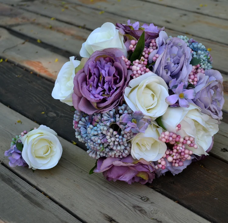 

Handmade artificial flower wedding flower bride holding flowers vintage white purple rose