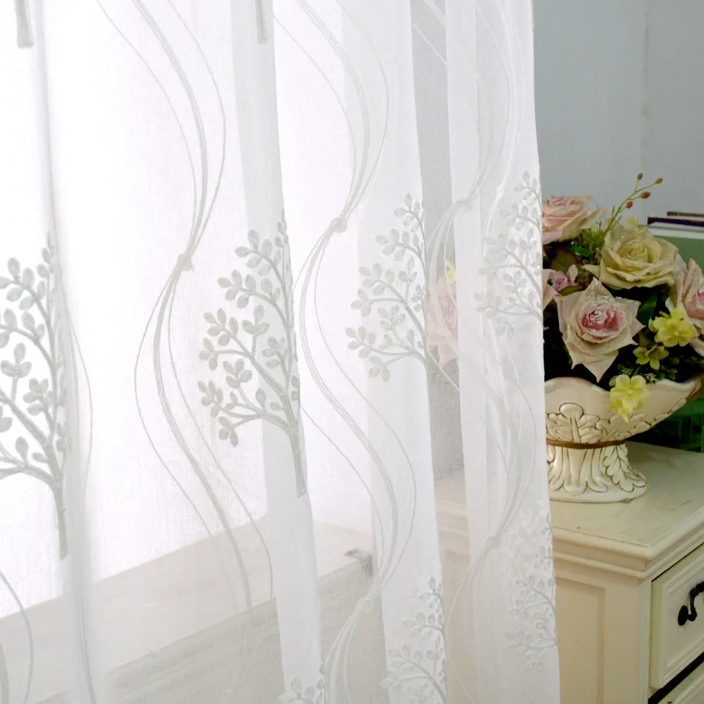 

European Style Embroidered Tulle Curtains For Living Room Tree Plants Volie Sheer White Curtains Visillos Cortinas Screens