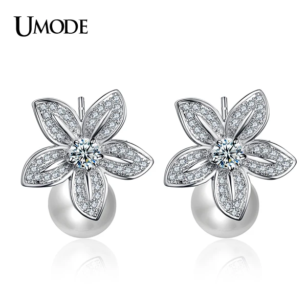 UMODE 2016 High Quality Simulated Pearl With Tiny AAA CZ Cubic Zirconia Flower Earrings Christmas Gift Jewelry UE0134