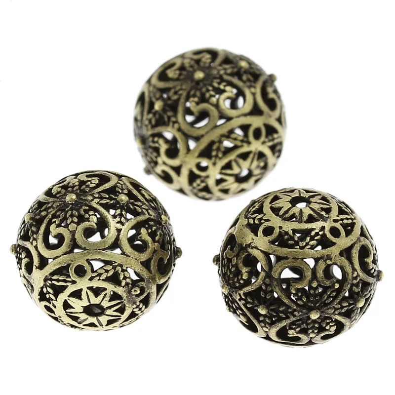 Spacer Beads Doreen Box Copper Round Antique Bronze Flower Pattern Hollow 17mm x 16mm For DIY Jewelry Making Hole:2mm 5PCs