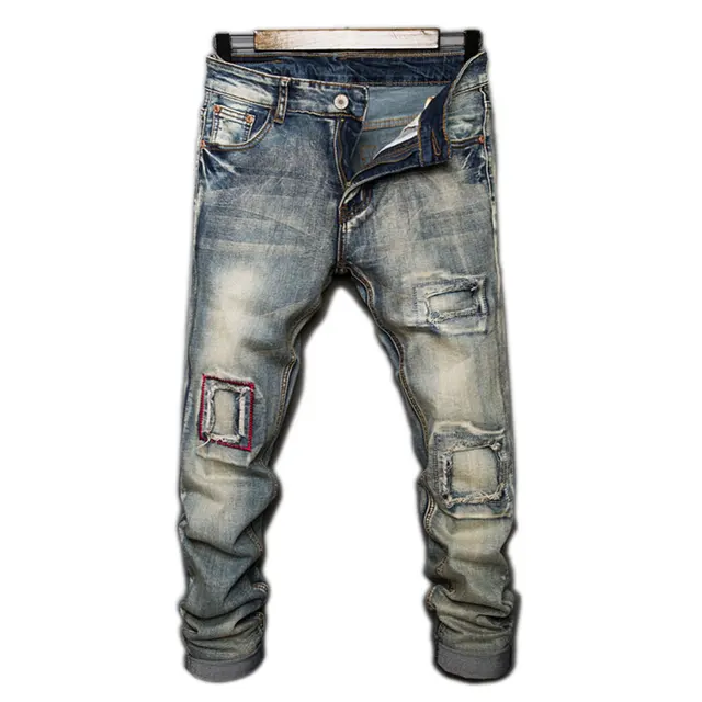 2019 Spring Ripped Mens Jeans Blue Gray Distressed Patchwork Denim ...