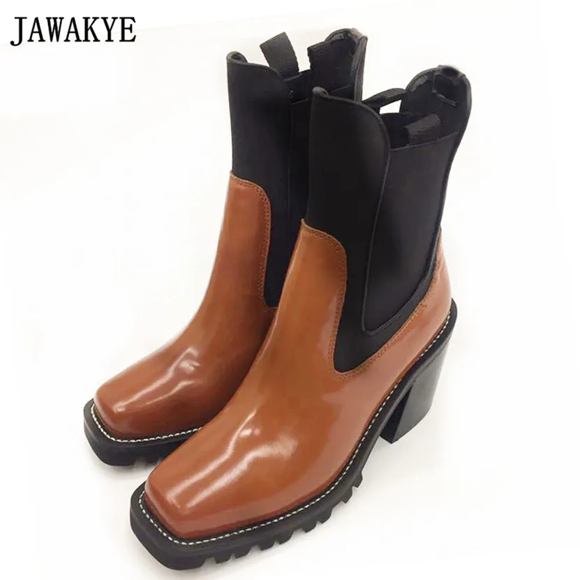 

2018 Newest genuine leather Short Boots 7.5cm high heels square toe runway style Chelsea Ankle Boots for women zapatos mujer