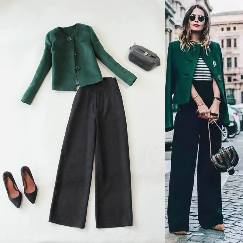 Комплект из двух предметов для женщин, новинка, осенняя и зимняя элегантная зеленая куртка+ широкие брюки с высокой талией, комплект из 2 предметов, одежда для офисных леди - Цвет: set