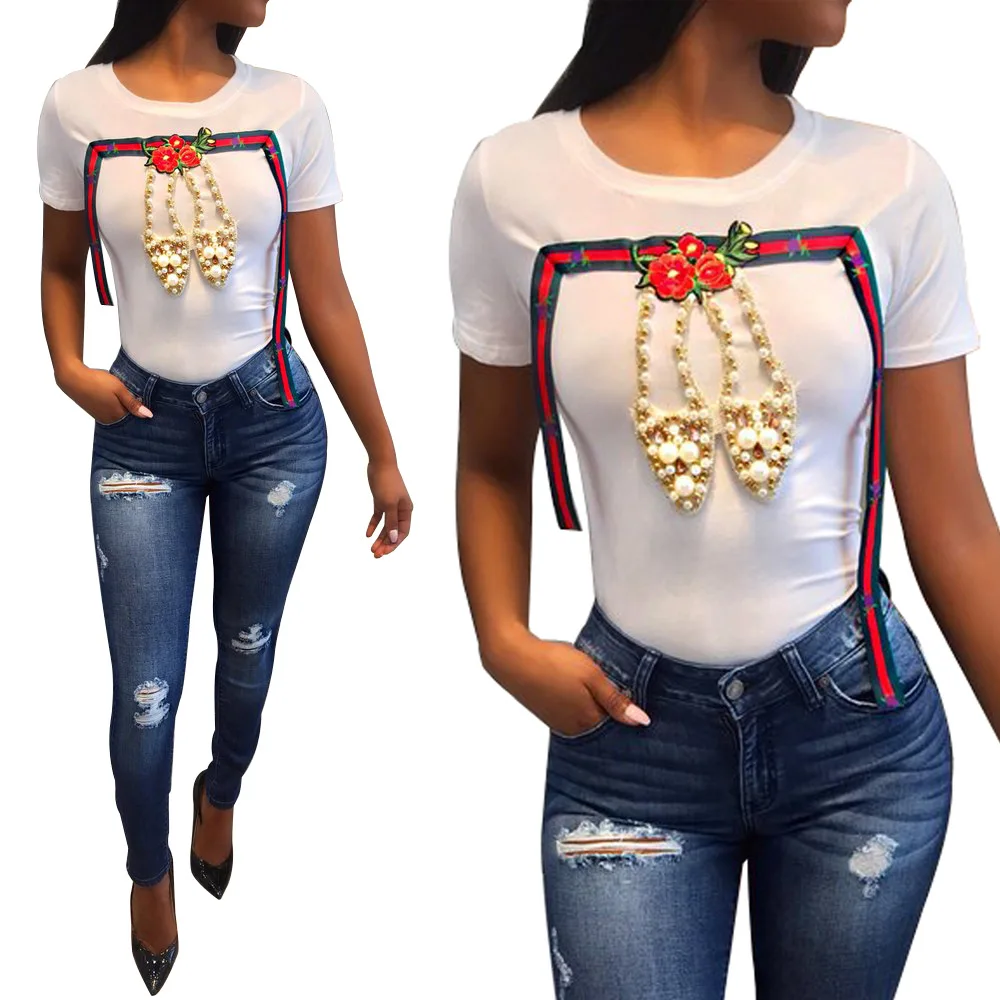 

t-Shirt Women Summer 2018 Womens Tops And t Shirts Pearl shoes Tshirts Cotton Ropa Mujer T-Shirt Vrouwen Poleras Mujer Verano