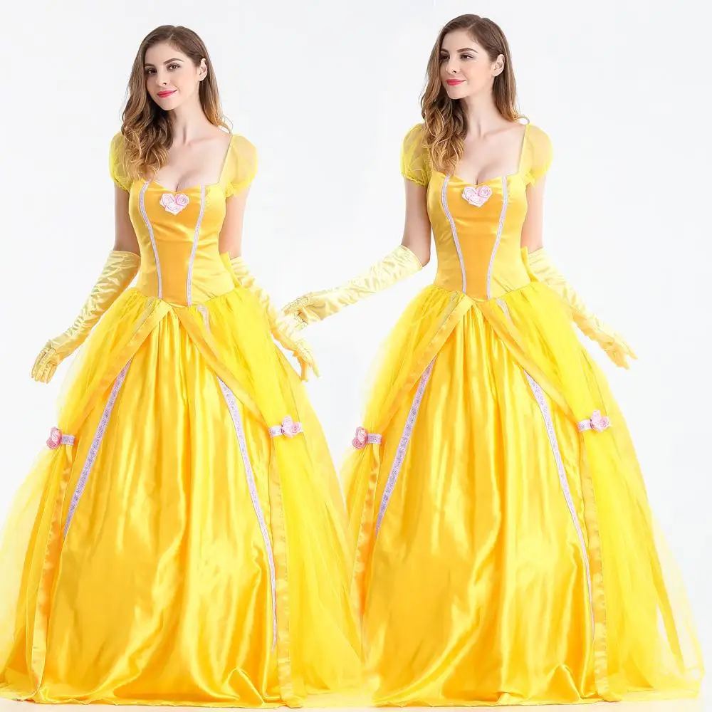 

New 2017 Fantasia Women Halloween Cosplay Southern Beauty And The Beast Adult Princess Belle Costume Yellow Long Dress S-2XL