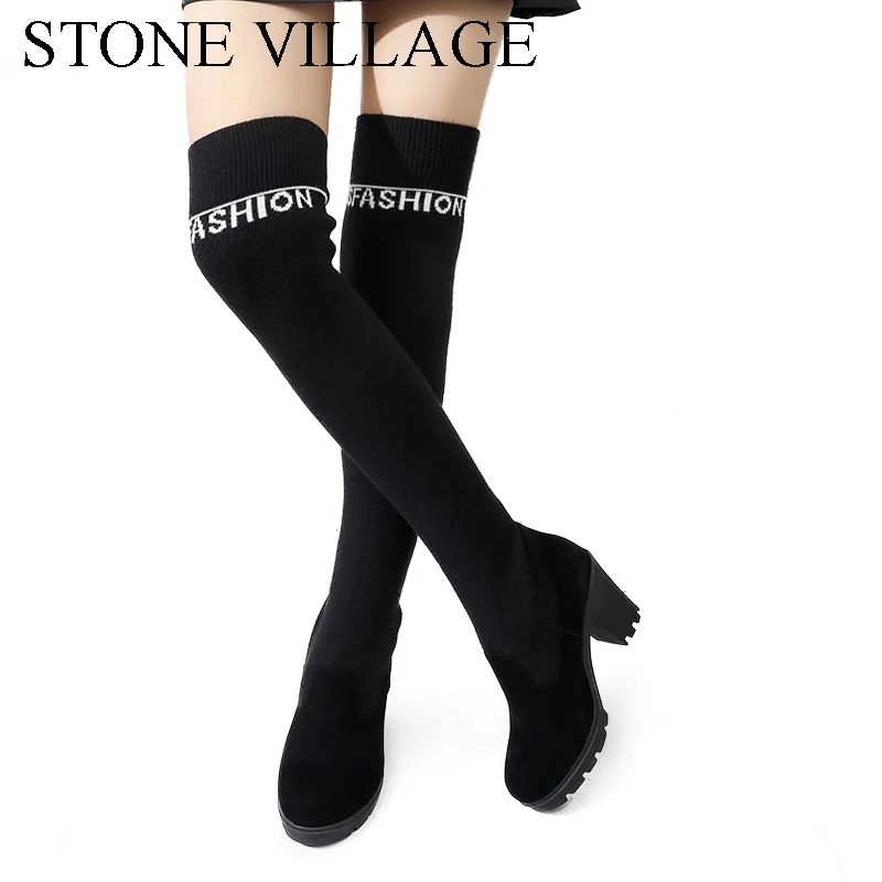 

STONE VILLAGE Fashion Print Letters Cotton Knitting Thigh High Boots Women Square Heel Over The Knee Boots Black Shoes Woman