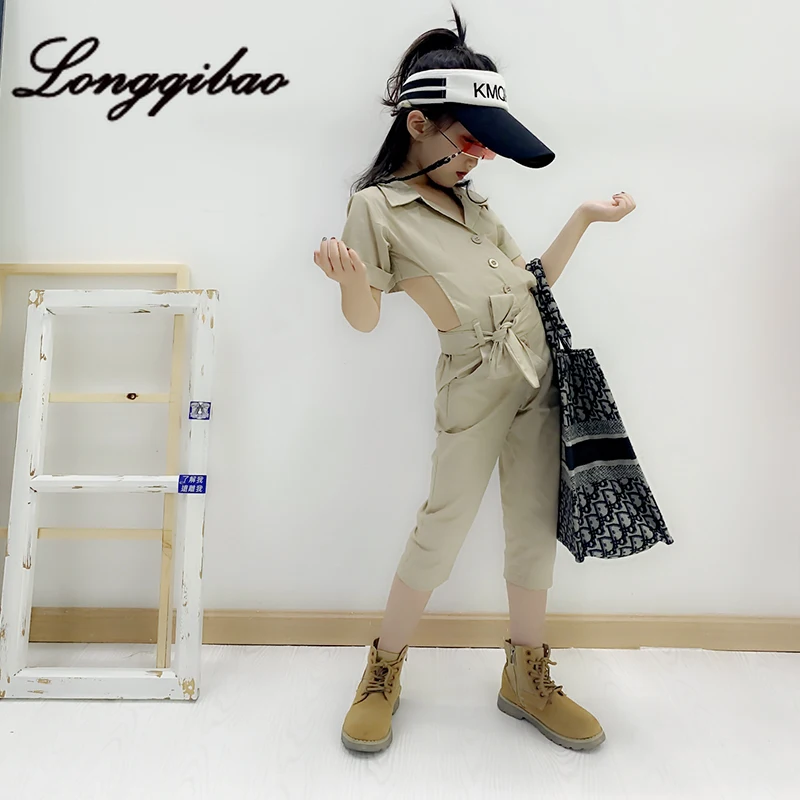 

Baby girl jumpsuit 2019 summer new Korean version of the backless slim waist lapels solid color casual tooling jumpsuit