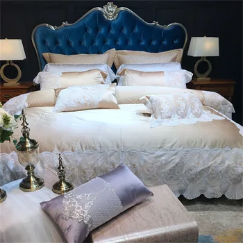

New Luxury Champagne Silver Purple Green Silk Cotton Bedding set Romantic White Lace Duvet Cover Bed Linen Bed sheet Pillowcases