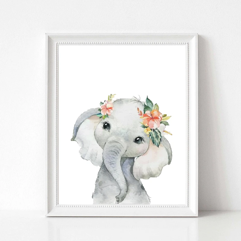 Decoration Murale D Elephant Avec Fleurs Imprime Aquarelle Decor Boho Affiche D Animaux Mignons Chambre De Bebe Peinture D Art Aliexpress
