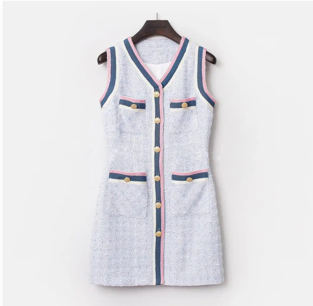 

Europe style High qulity women's elegant dress 2019 autumn sleeveless tweed dress A607
