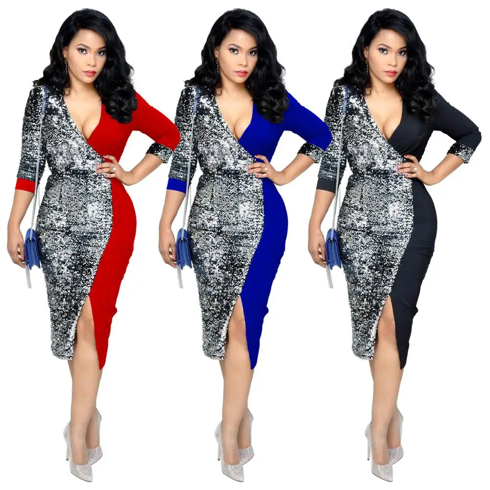 

Midi Dress Women Elegant Sequined Patchwork Lace Up Sexy Sundress OL Bodycon Female Dresses Vintage Slim Slit Bandage Vestidos