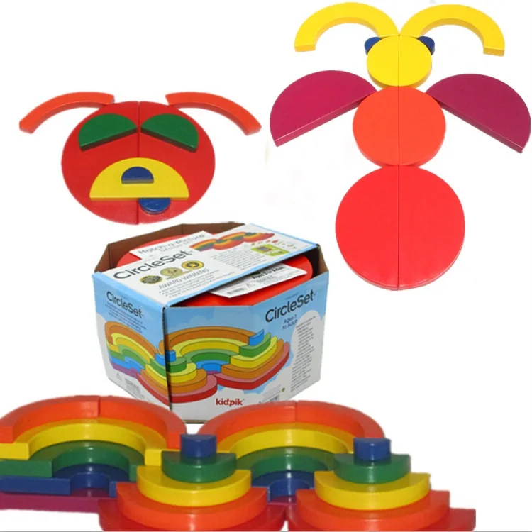

baby educational toy montessori wooden circle building set toy rainbow color with illustrated cards big size solid hardwood