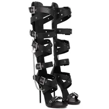 Летние женские сандалии-гладиаторы на высоком каблуке; женские сандалии с ремешками в стиле панк; дизайнерские пикантные женские туфли для вечеринок; женская обувь черного цвета