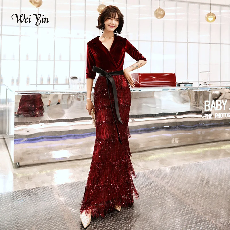 weiyin 2019 Velvet Evening Dresses Long Mermaid V-Neck Formal Dress Sequined Abendkleider Women robe de soiree longue WY1259 weiyin 2019 Velvet Evening Dresses Long Mermaid V-Neck Formal Dress Sequined Abendkleider Women robe de soiree longue WY1259