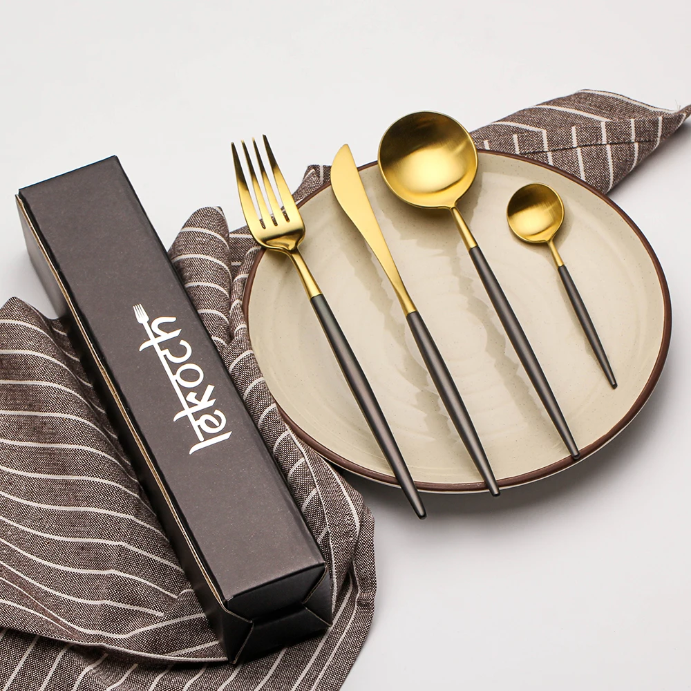 4pcs/set Set Stainless Steel Noble Fork Knife Dessert Dinnerware Gold Black Cutlery for Couverts De Table kitchen dining bar Tableware посуда нож столовые приборы набор посуды flatware