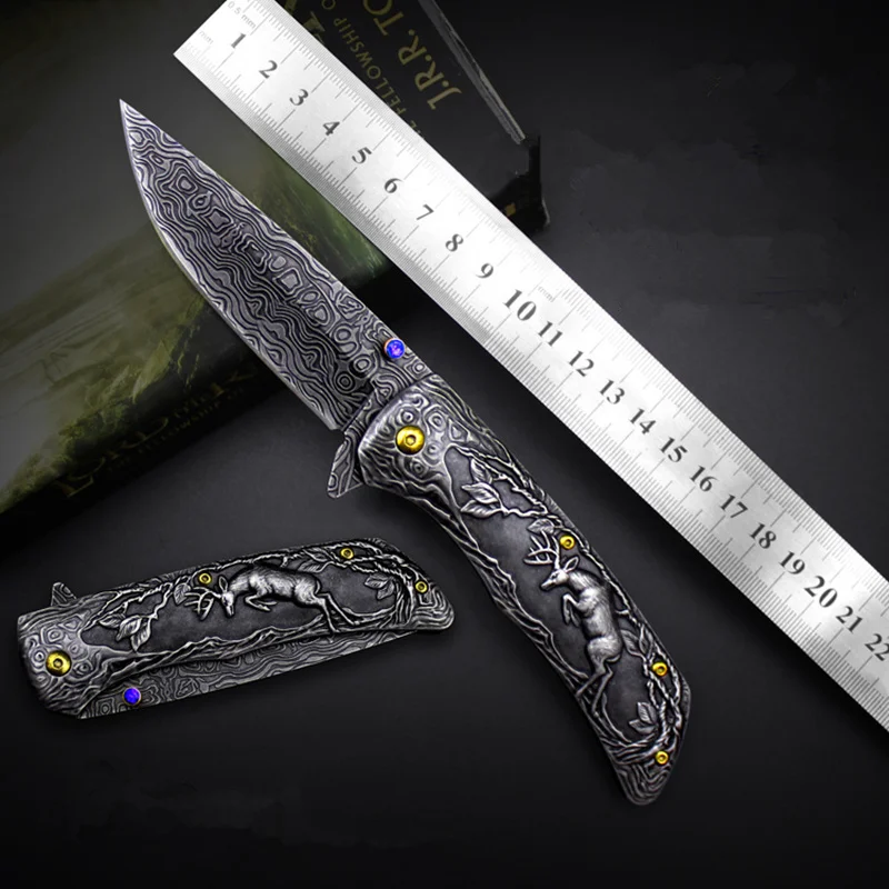 Высокое качество 3D олень складные ножи дамасский узор Карманный выживания EDC Инструмент Тактический Открытый походный Нож Коллекция Подарки
