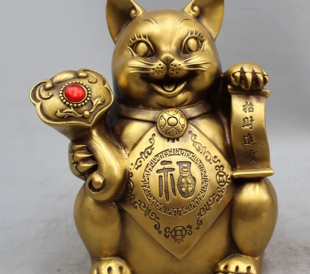 9&quotChinese Bronze Wealth Fortune Cat Pussy Put Money In jar Pot Bowl Ruyi Statue | Дом и сад