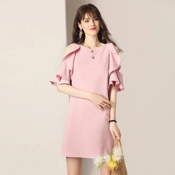 

New Fashion 2020 Summer Office Lady Sexy Dress Elegant O-neck Half Butterfly Sleeve Patchwork Solid Loose Women's A-line Dress