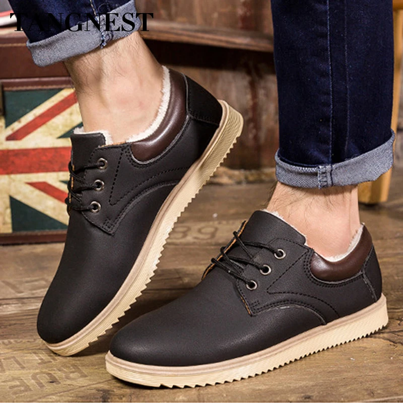 

Tangnest NEW Winter Men's Shoes Warm Plush Leather Shoes Lace Up Casual Soft Cotton Basic Shoes Large Size 39-45 XMM206