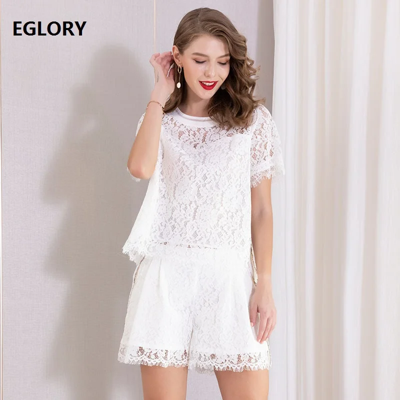 

High Quality Lace Short Set 2019 Summer Fashion Lace Suit Women O-Neck Crochet Lace Tops & Tees+Lace Short Suits & Sets Female