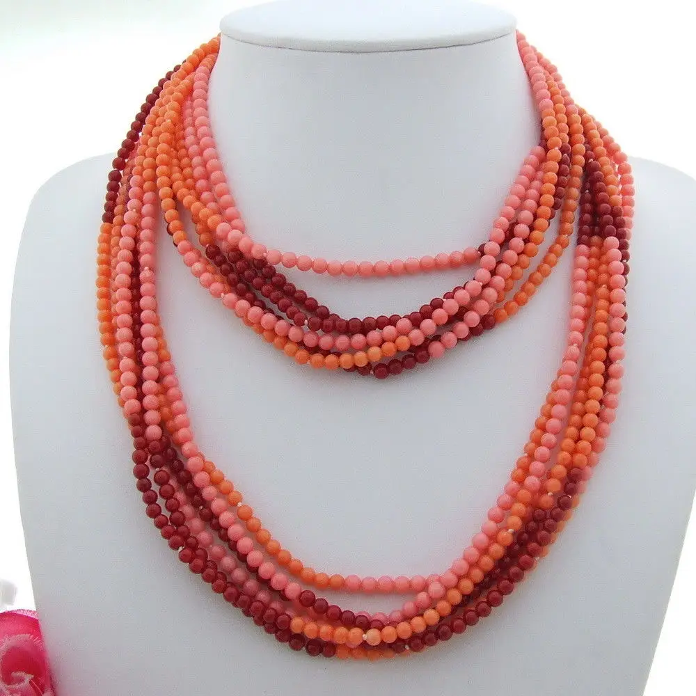 

FC102603 40" 4MM 6 Strands Multi Color Round Coral Necklace