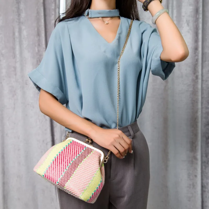 مخطط المنسوجة السيدات الشاطئ القش حقيبة الإناث كيس الروطان صغيرة Crossbody حقائب للنساء يدّ حقائب سهرى أنيقة حقائب W408