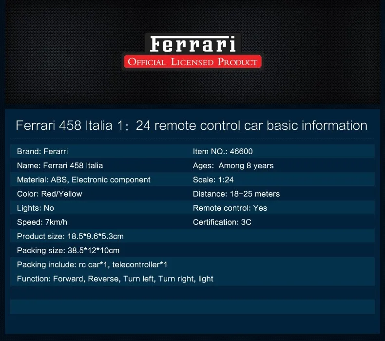 Rastar лицензированный 1:24 Ferrari 458 Italia беспроводной пульт дистанционного управления гоночный автомобиль игрушки 46600 Рождественский подарок