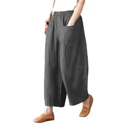 Женские винтажные хлопковые льняной эластичный корсаж полосатые широкие женские повседневные брюки свободные карманы брюки плюс размер