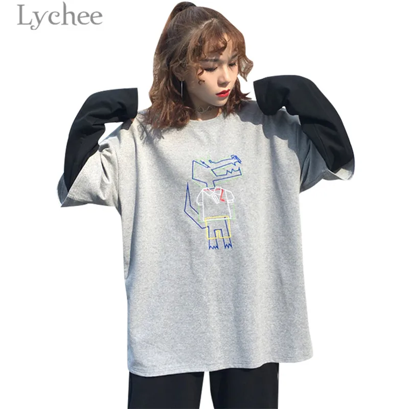 Lychee Harajuku Мультфильм крокодиловая вышивка Лоскутная Толстовка с круглым вырезом