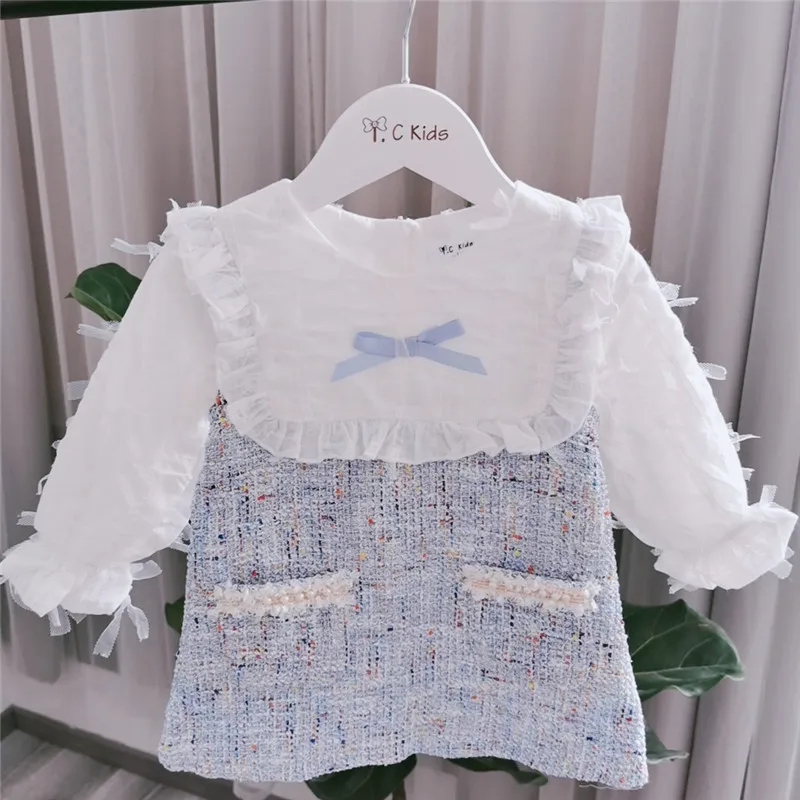 

new arrivel autumn kids dresses baby girls clothes Woven design white lace stitching sweet girl clothes A-link Dress girls dress