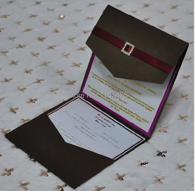 hi5010 customized pocket fold invitation cards with ribbon and
