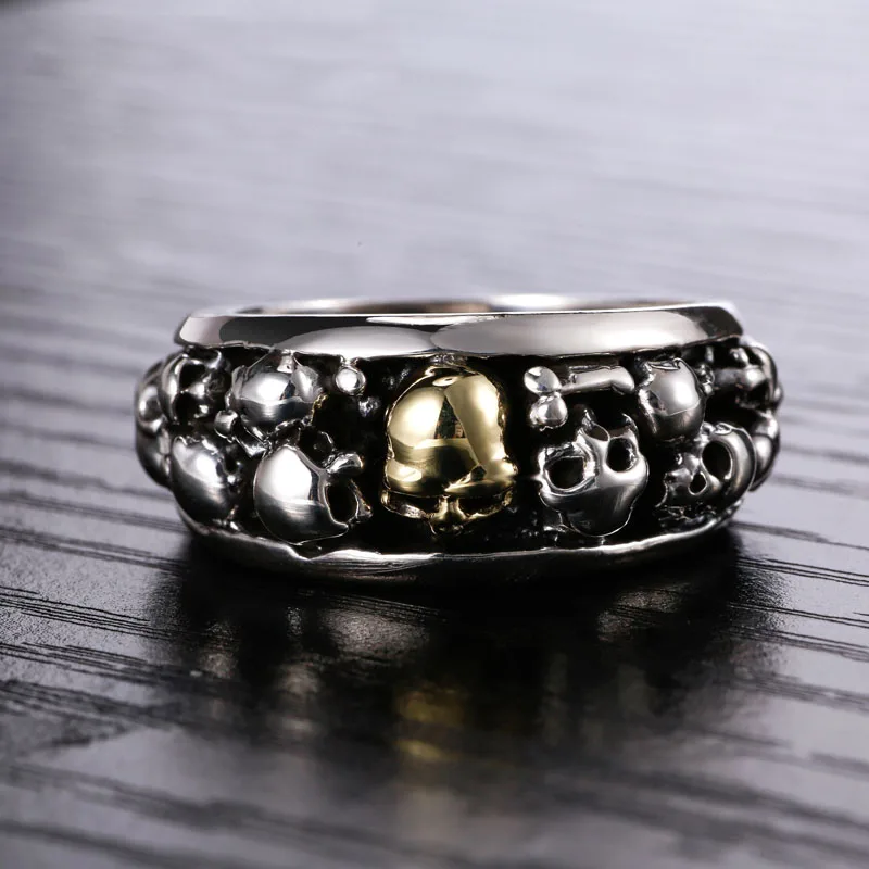 Gothic 100% Real 925 Sterling Silver Ring for Men with Many Skulls Boys Vintage Cool Punk Style Thai Silver Skeleton Rings Band