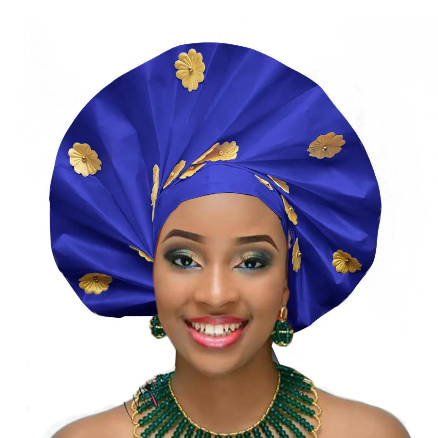 

Nigerian headtie african gele hele turban with flower aso ebi gele already made head tie 2018