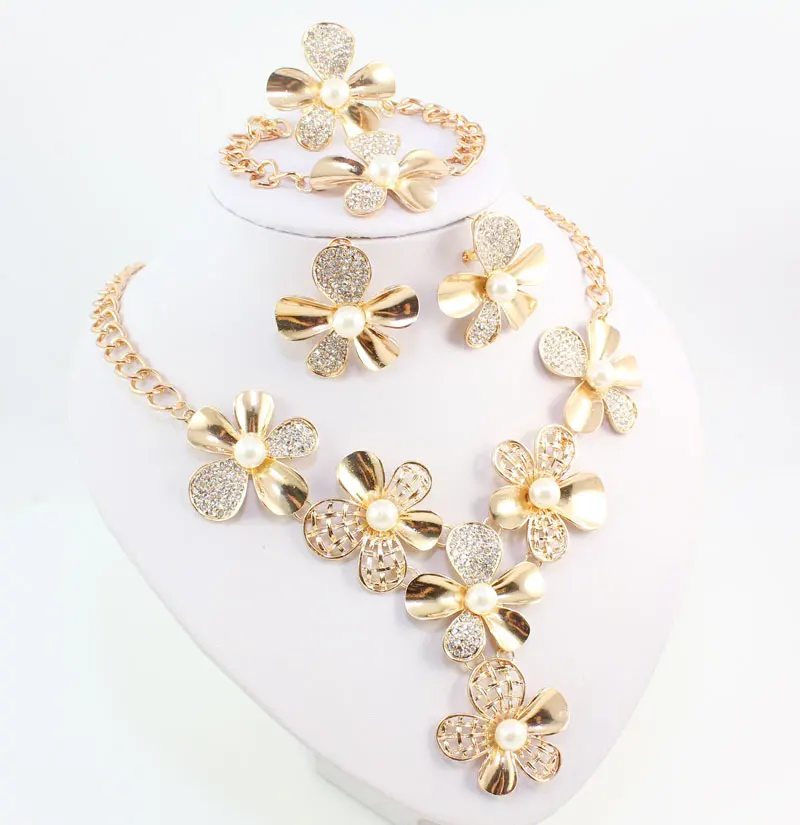 Имитация жемчуга ювелирные наборы для женское ожерелье с камнями серьги набор африканские бусины Золотой цвет цветок свадебное платье аксессуары