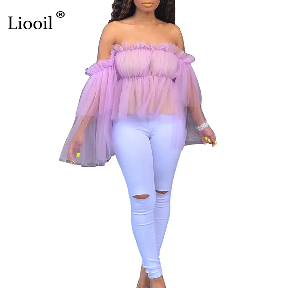 Liooil Сексуальная сетчатая блузка без бретелек, женская летняя коллекция, прозрачные вечерние Блузы с вырезом лодочкой, женские блузки больших размеров
