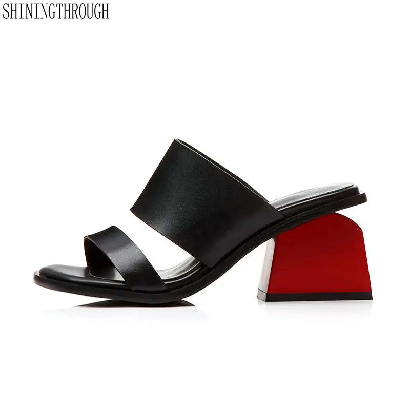 

Genuine Leather ladies slipper Summer Thick high Heel Shoes woman Outside Black White Women Flip Flops Slippers size 41 42