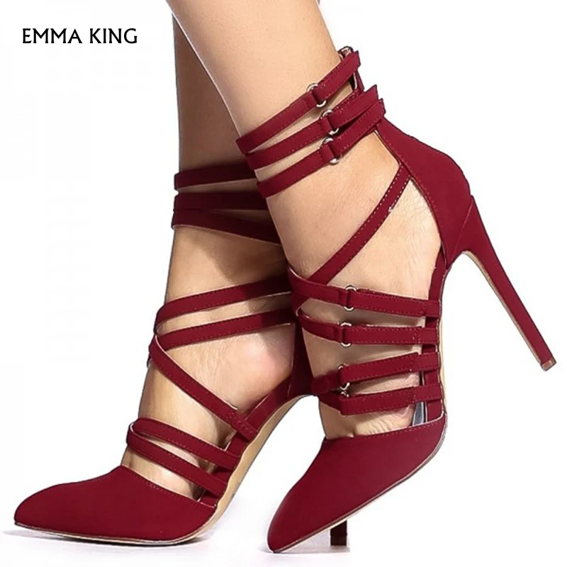 red_strappy_heels_pointy_toe_suede_stiletto_heels_sandals_with_buckles 