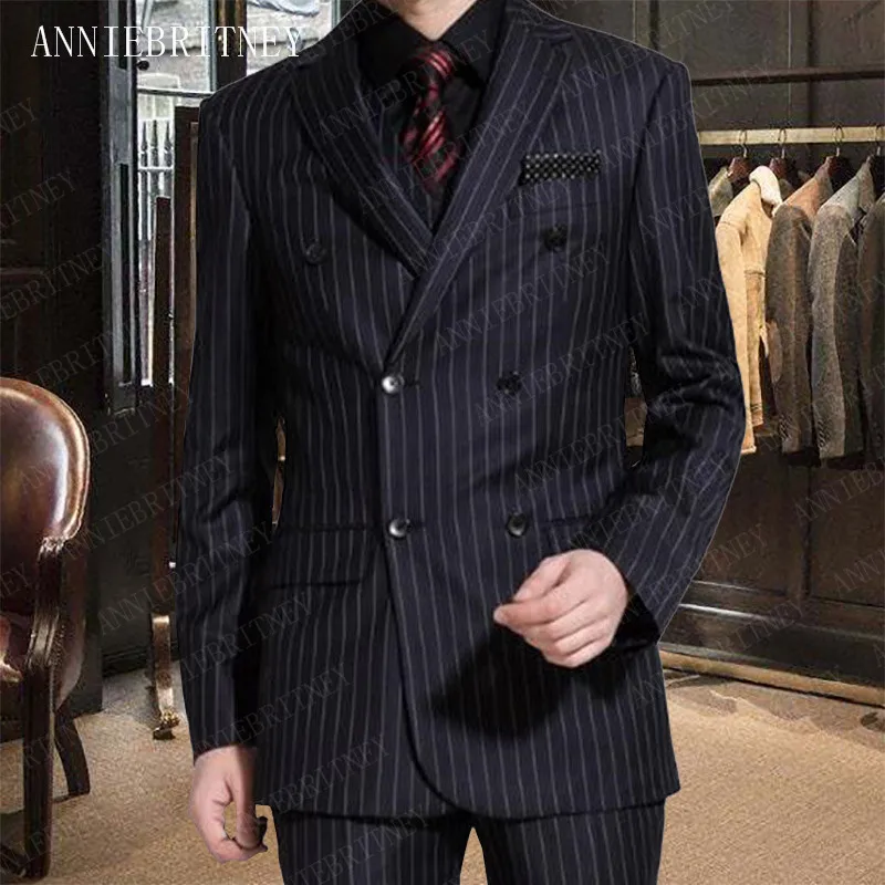 

ANNIEBRITNEY Suit Men 2019 Double Breasted Stripe Mens Suits with Pants Set Slim Fit Groomsmen Wedding Suits Tailored Man Tuxedo