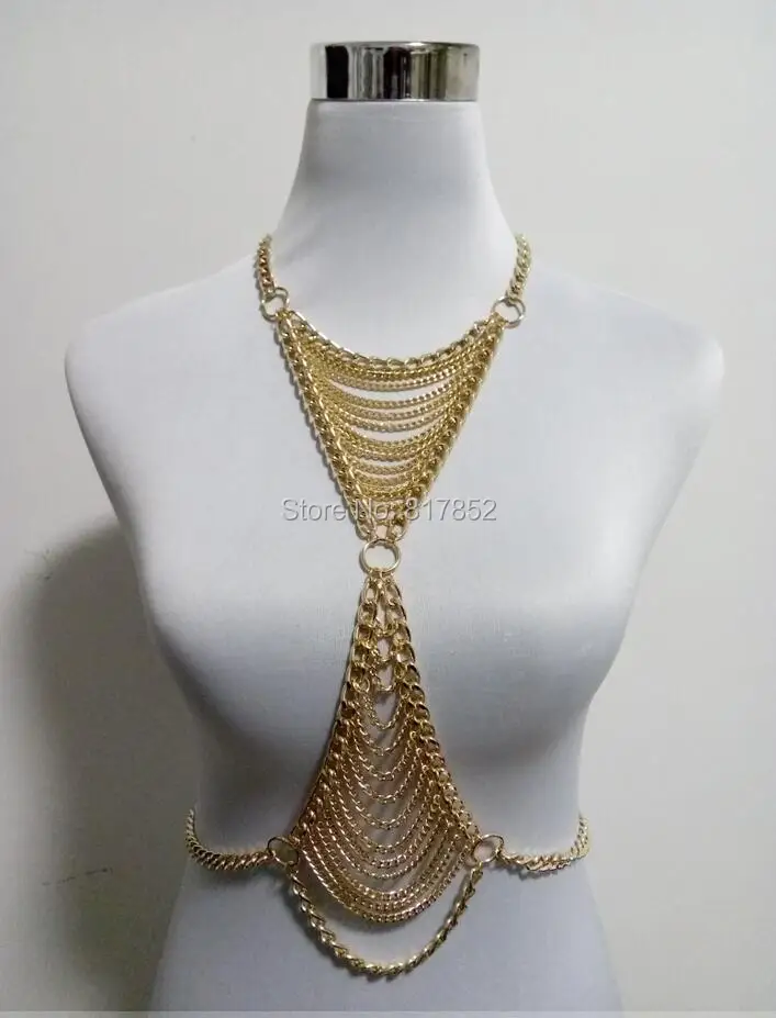 

New Style Fashion Women Gold colour Chains Unique Harness Triangle Neck Body Chains Jewelry 3 Colors WRB19