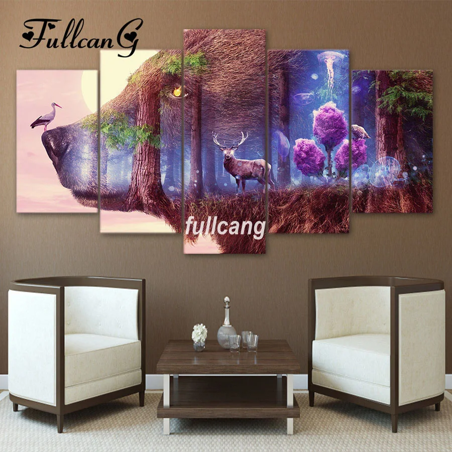 

FULLCANG Full Square Diamond Embroidery Forest Animals Beauty 5D Diamond Painting Cross Stitch 5PCS Mosaic Needlework D516