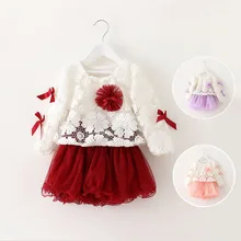 2015 New arrival fashion autumn winter baby girl dress, butterfly knot lace pleated skirt kids wine clothing set, 2pc coat+dress
