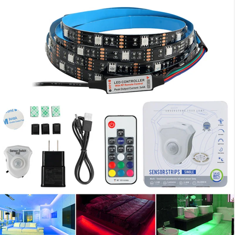 5050 RGb Светодиодная лента светодиодный беспроводной PIR датчик движения RGB USB портовый огонь для шкафов лестниц шкаф кровать боковой свет