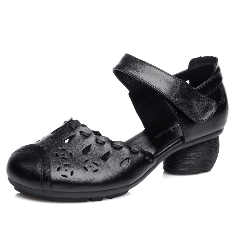 Xiuteng/Летние удобные сандалии из натуральной кожи на толстом каблуке; обувь для мам; нескользящая резиновая подошва; женская обувь из коровьей кожи - Цвет: XT0117-Black