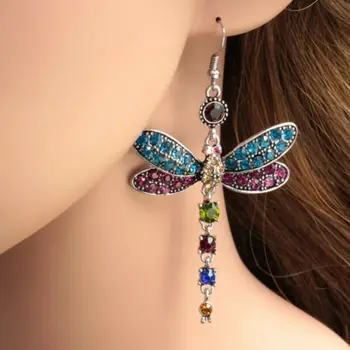 

2019 Fashion Colorful dragonfly crystal rhinestone silver plated hook earrings