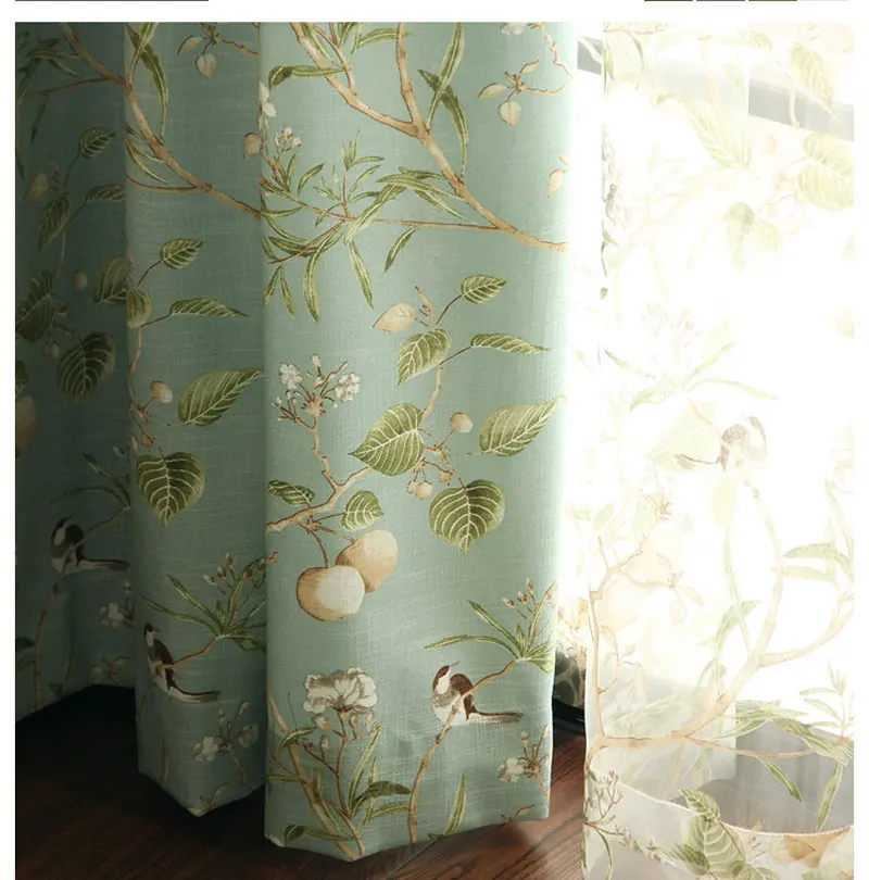 Льняная синяя оконная занавеска, американский деревенский стиль, занавески s для гостиной, принтованные птицы, занавески, домашний декор 0182