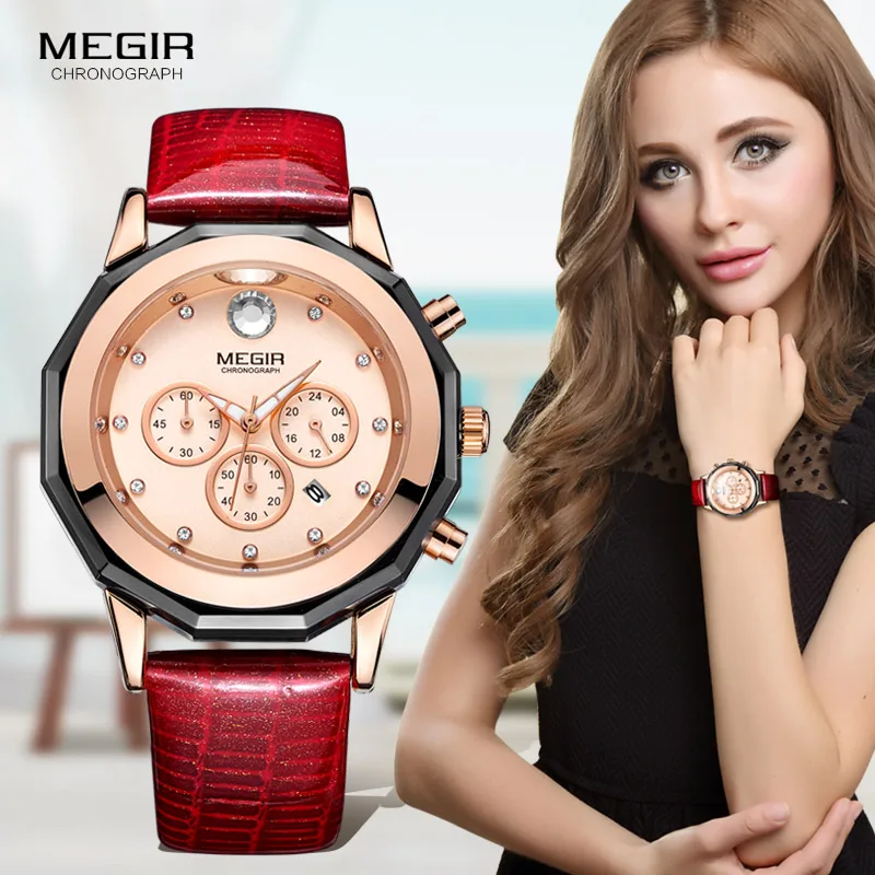 Women's 24 Hour Chronograph Quartz Wrist Watches Red Leather Strap Stop Watch for Lady Girl Friend Relogios Femininos 2042Red Women's 24 Hour Chronograph Quartz Wrist Watches Red Leather Strap Stop Watch for Lady Girl Friend Relogios Femininos 2042Red