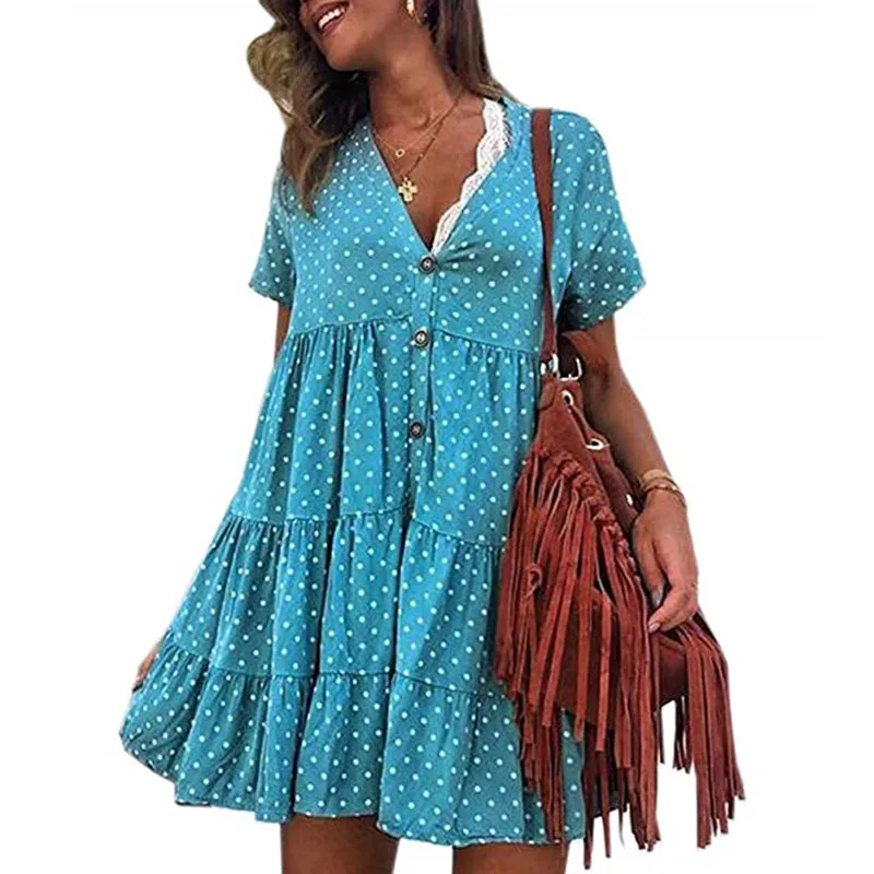 WENYUJH летнее шифоновое платье в горошек, Пляжное Платье в стиле бохо, винтажные оборки, короткий рукав, а-силуэт, вечерние мини-платье, Сарафан Vestidos - Цвет: BLUE